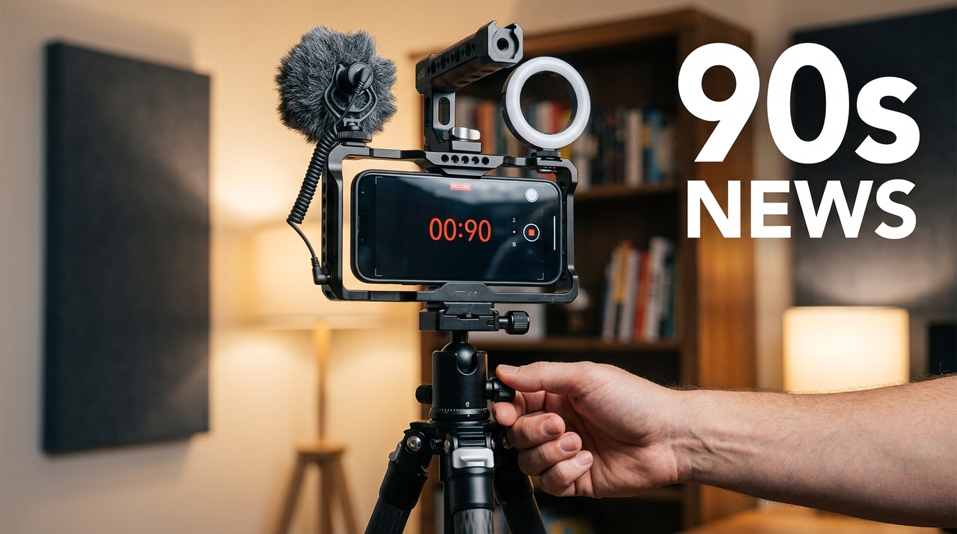 Smartphone on tripod with "90s NEWS" overlay, ready for recording