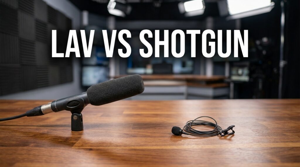 LAV vs Shotgun microphone comparison on a wooden table