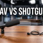 LAV vs Shotgun microphone comparison on a wooden table