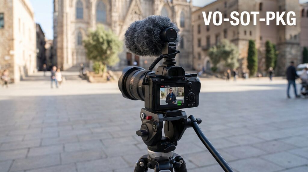 VO-SOT-PKG: Camera with microphone on tripod in Barcelona square