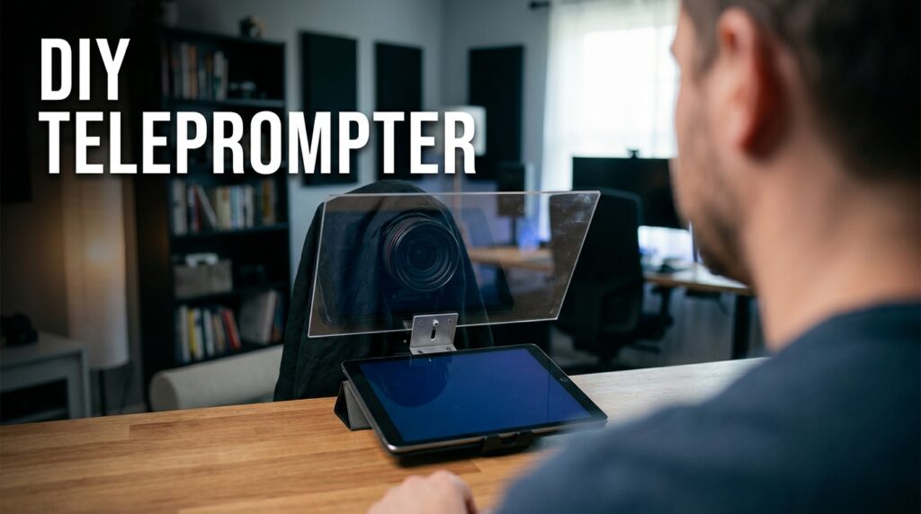 DIY teleprompter setup with tablet, camera, and reflective glass