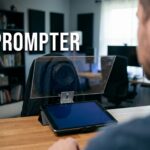 DIY teleprompter setup with tablet, camera, and reflective glass