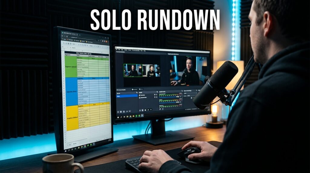 Man at desk with dual monitors showing broadcast rundown spreadsheet and OBS software