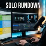 Man at desk with dual monitors showing broadcast rundown spreadsheet and OBS software