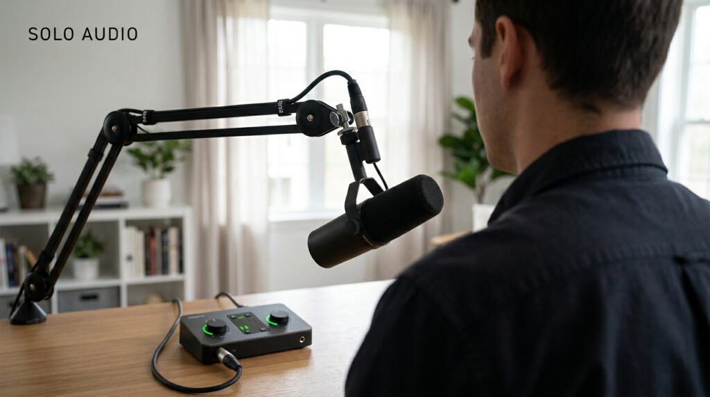 Solo audio setup: podcast microphone, boom arm, and audio interface