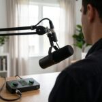 Solo audio setup: podcast microphone, boom arm, and audio interface