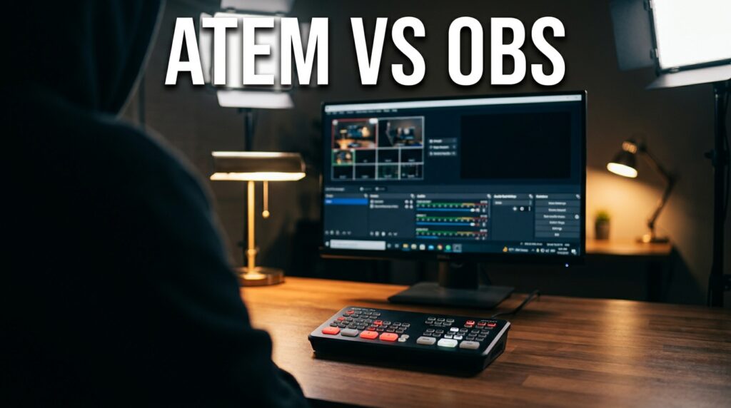ATEM Mini vs OBS: A desk setup with a computer, ATEM Mini switcher, and studio lights.