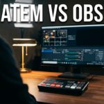 ATEM Mini vs OBS: A desk setup with a computer, ATEM Mini switcher, and studio lights.