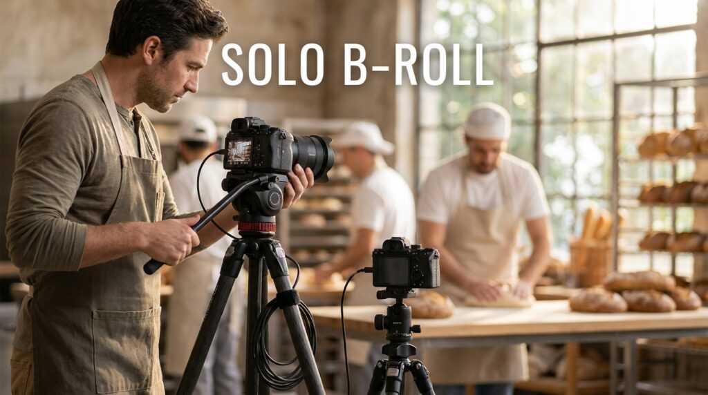 Solo B-roll. A man filming with a tripod in a bakery