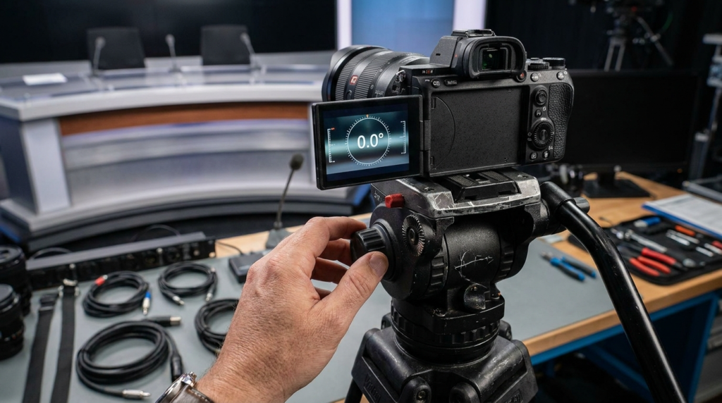 Camera on tripod adjusting level on a news desk set