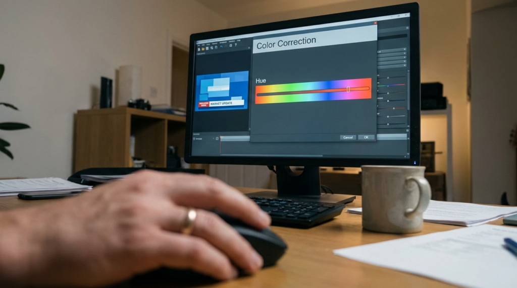 Computer screen displaying color correction software with hue slider and market update graphic.