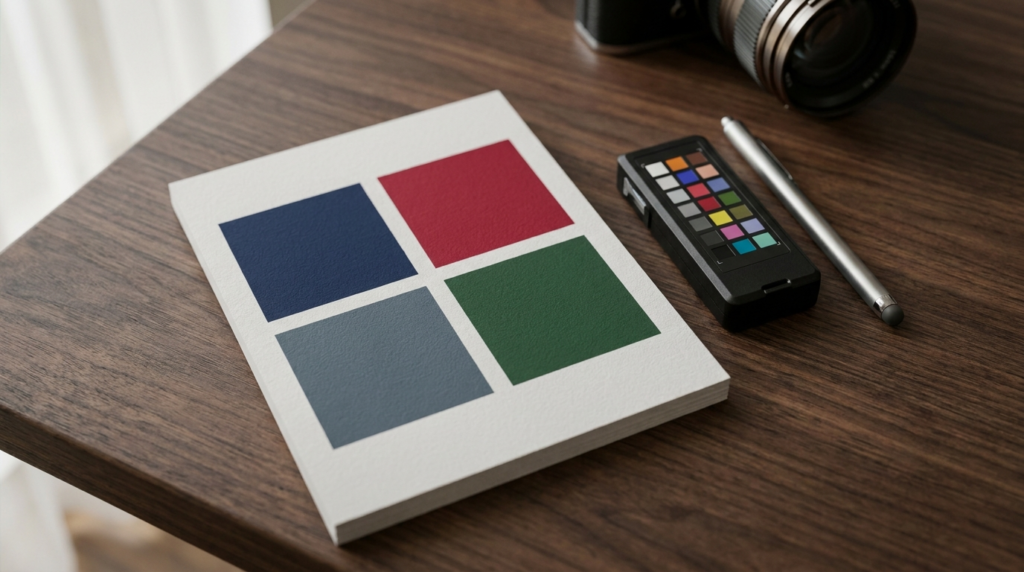 Color palette swatch book with camera and pen on wooden table