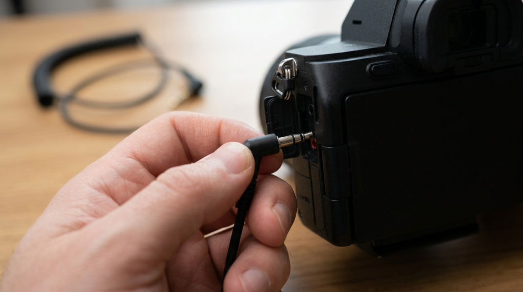 Hand plugging a microphone into a camera for solo YouTube news gear.