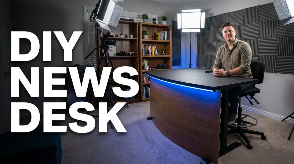 DIY news desk build: Man in studio with broadcast anchor desk