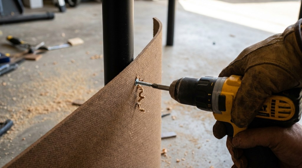 Person drilling into wooden board with a power drill in workshop