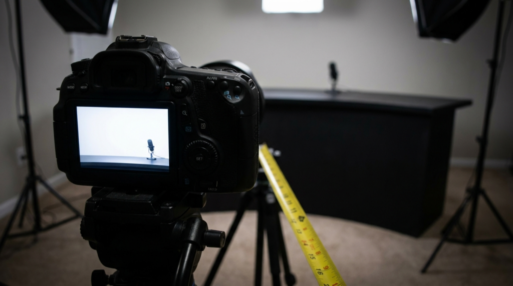 DSLR camera on tripod in front of a DIY anchor desk setup