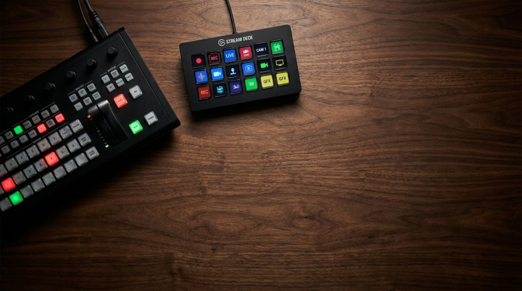 ATEM Mini and Stream Deck for live streaming setup on wooden desk