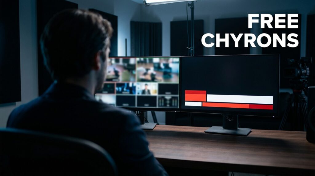 Man at desk with two monitors, one showing video feeds, the other with "FREE CHYRONS" text.