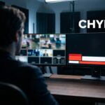 Man at desk with two monitors, one showing video feeds, the other with "FREE CHYRONS" text.