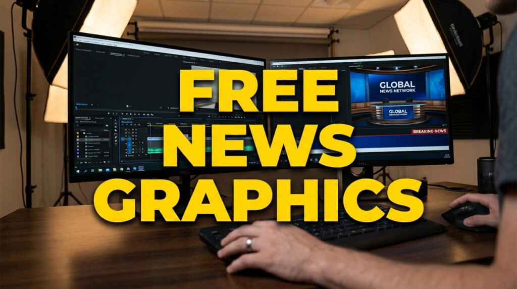 Free news graphics overlay on dual monitors showing editing software and news broadcast.
