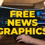 Free news graphics overlay on dual monitors showing editing software and news broadcast.