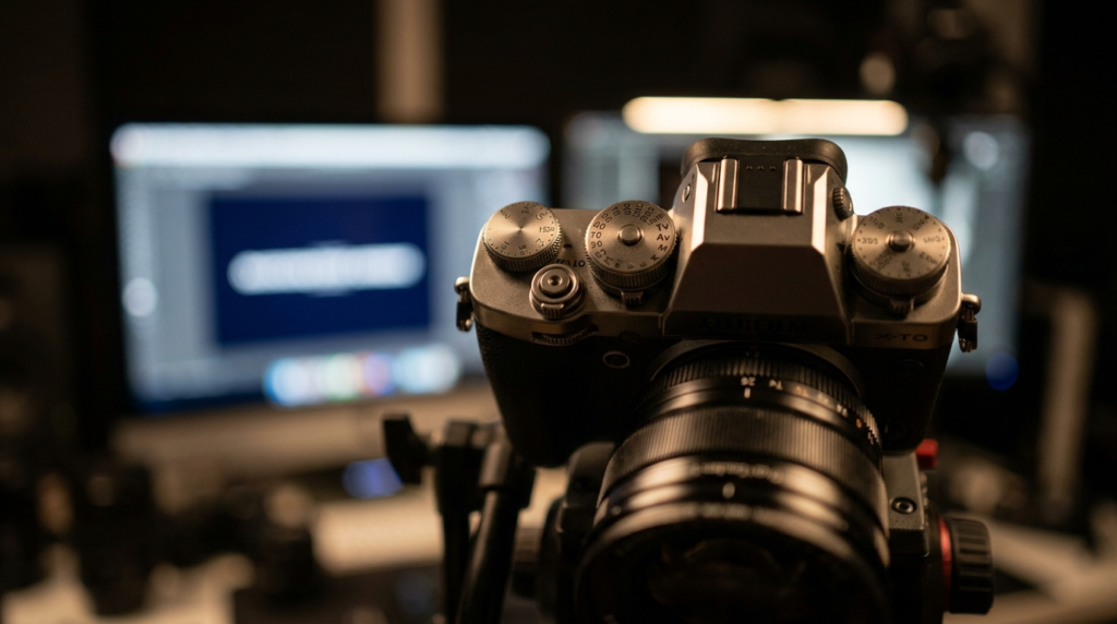 Fuji X-T3 camera on tripod, with editing software on blurred monitors.