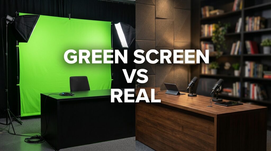 Green screen setup vs. real studio backdrop for solo news presenters