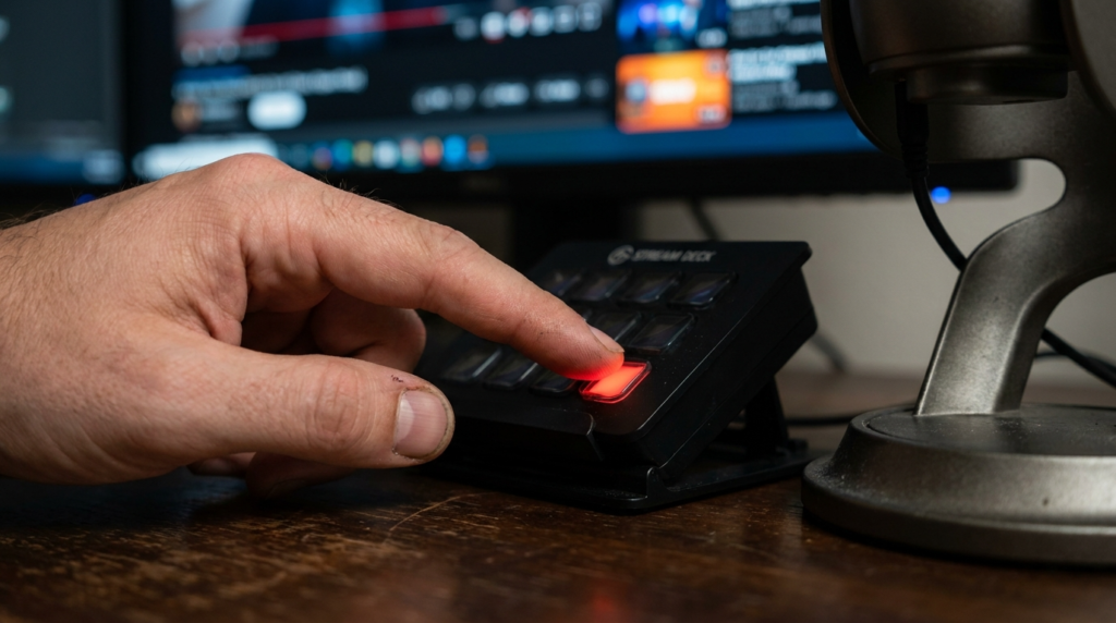 Hand pressing a button on a Stream Deck for broadcasting tools