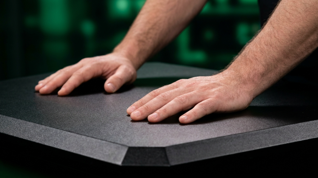 Hands resting on a dark, textured surface with a green background.
