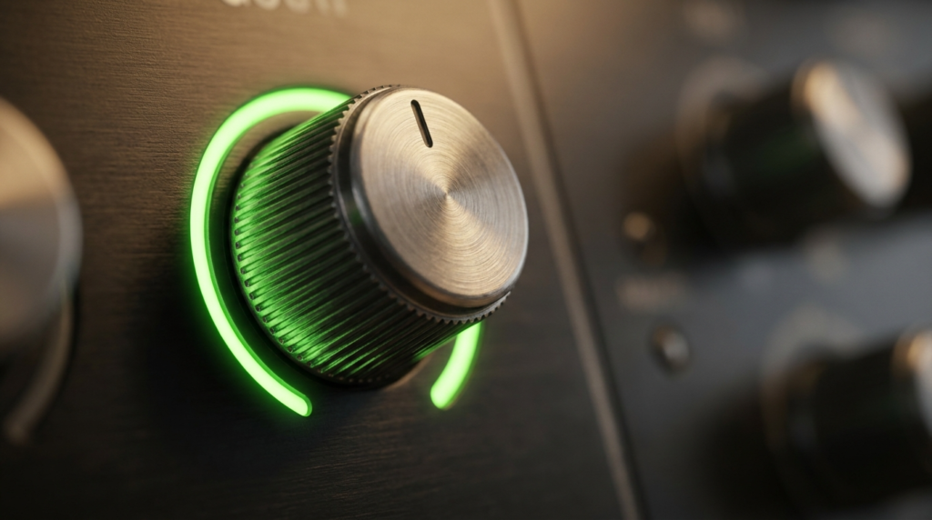 Close-up of a glowing green audio knob on a black audio mixer