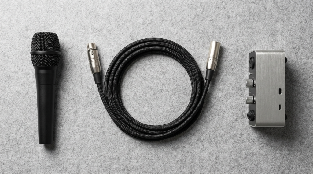 Solo broadcaster audio chain: microphone, XLR cable, and audio interface