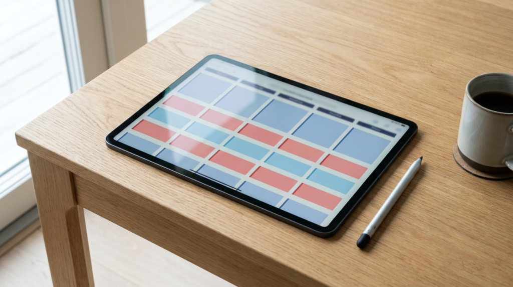 Tablet displaying a broadcast rundown grid, with a stylus and coffee mug on a wooden desk.