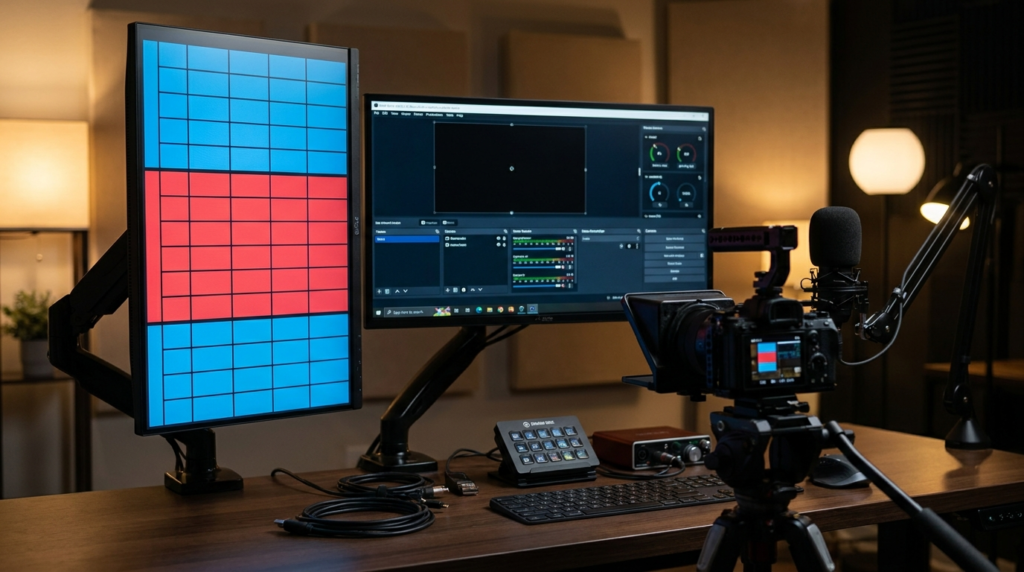 Streaming setup with OBS, vertical monitor, camera, and mic for broadcast rundown.