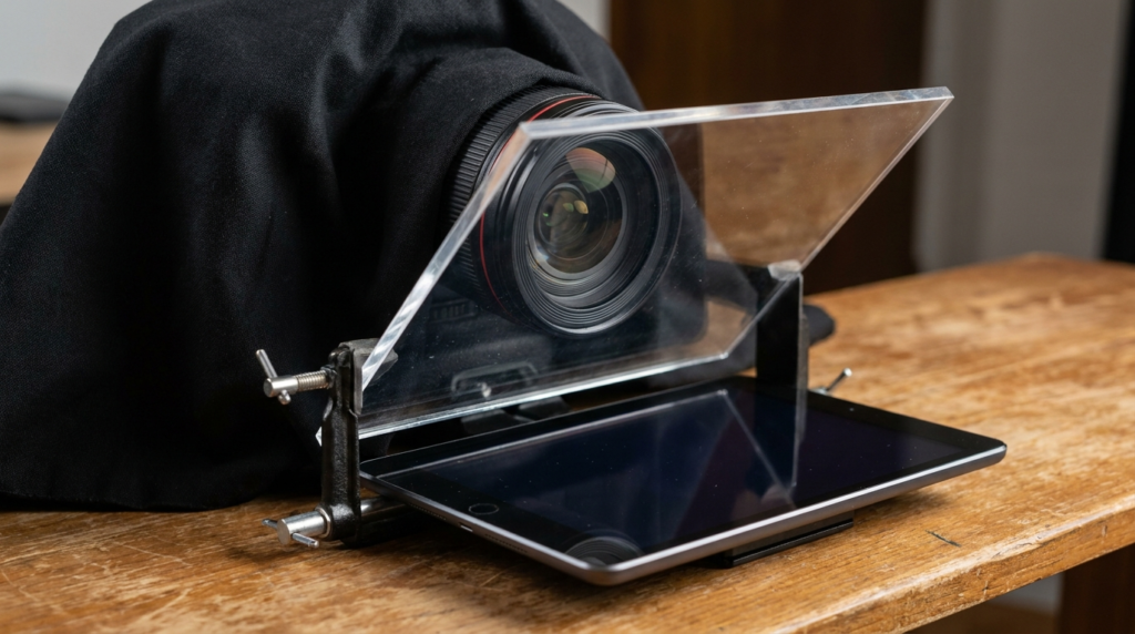 Teleprompter rig with camera lens, tablet, and glass reflector