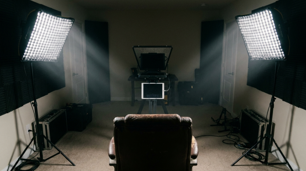 Filming setup with a teleprompter, chair, and studio lights