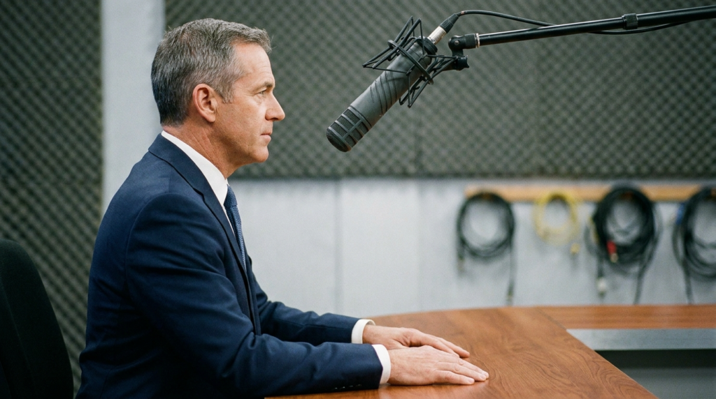 Man in suit at microphone in recording studio.