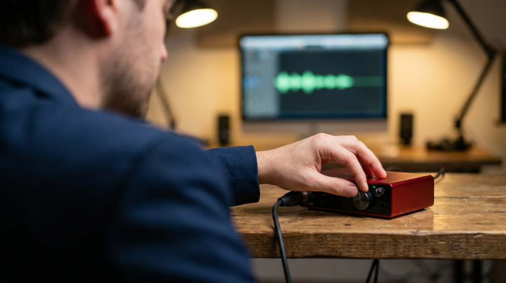 Man adjusting gain on red audio interface in home studio with DAW on screen