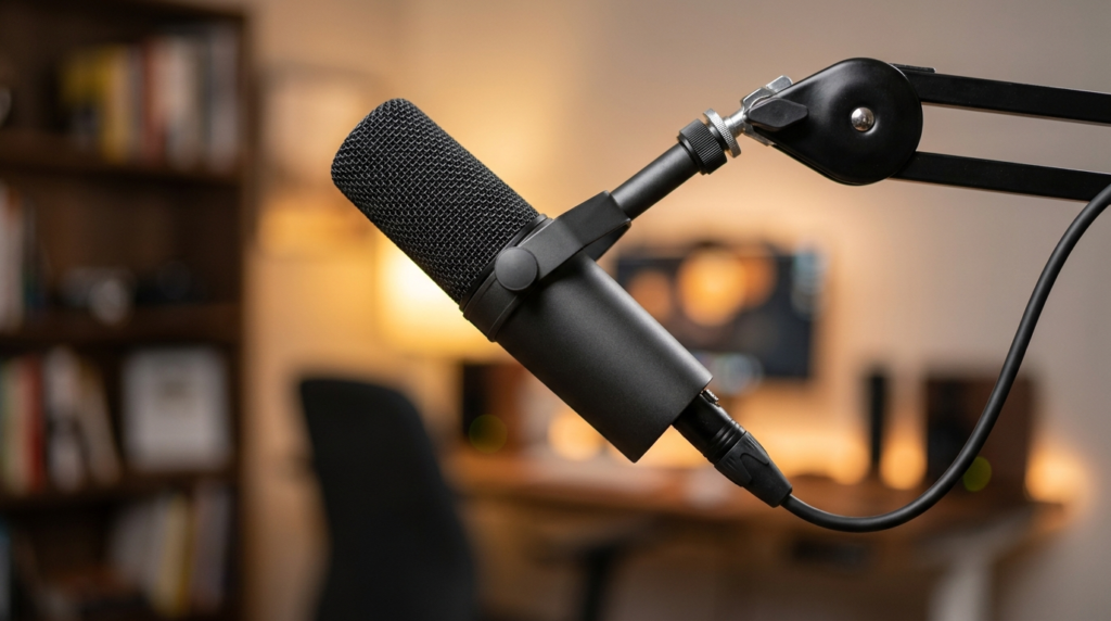 Black condenser microphone on a boom arm, part of solo YouTube news gear.