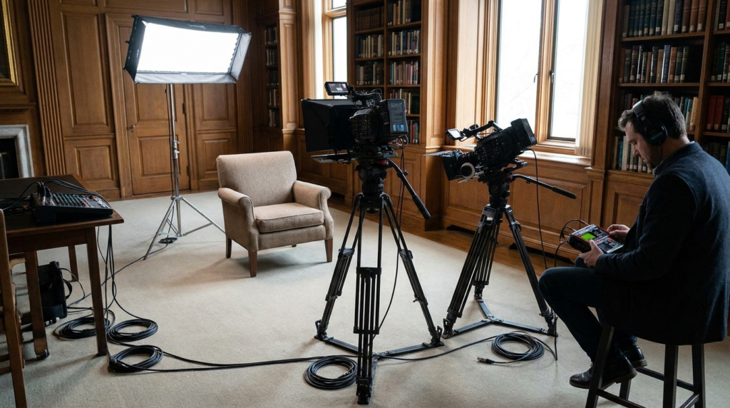 One-person newsroom setup: two cameras, lighting, and audio gear in a library.