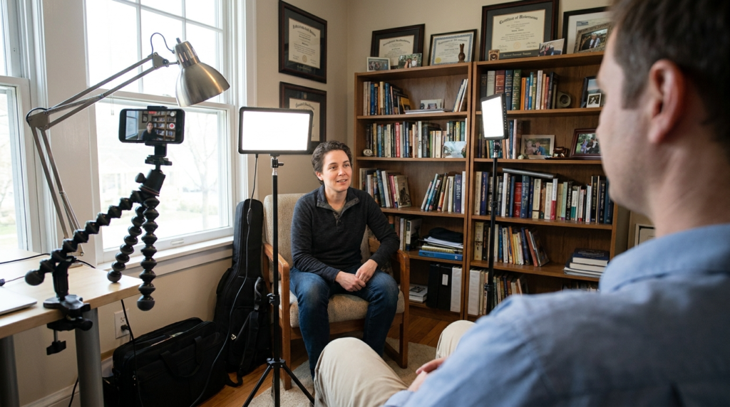 Solo YouTube journalist recording interview with smartphone and lighting gear.