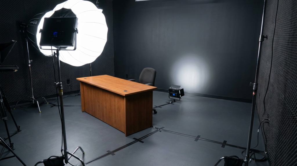 Home news set with desk, chair, and professional lighting.
