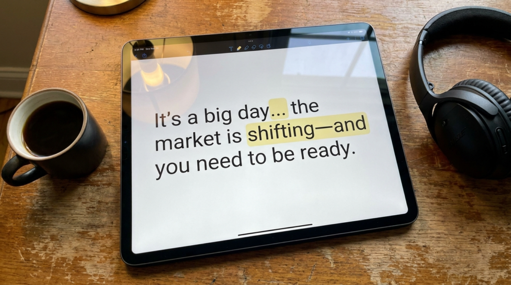 iPad displaying "It's a big day... the market is shifting—and you need to be ready.