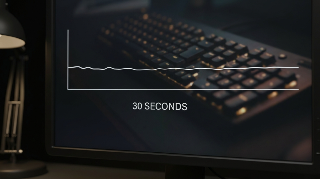 Computer monitor displays a graph showing 30 seconds of data, with a keyboard in the background.