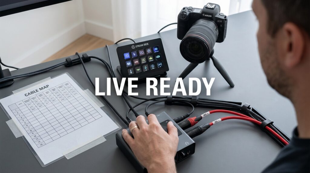 Live broadcast setup with Stream Deck, camera, and audio gear.