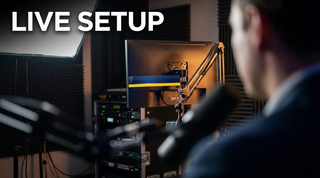 Live setup with microphones, monitor, and broadcast lighting.