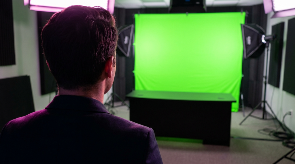 News presenter facing green screen studio with lighting and desk