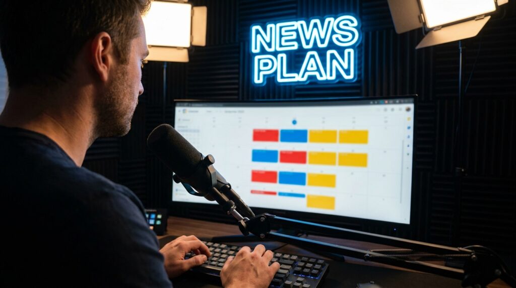 Man planning news content on a calendar with "NEWS PLAN" neon sign.