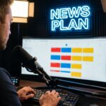Man planning news content on a calendar with "NEWS PLAN" neon sign.