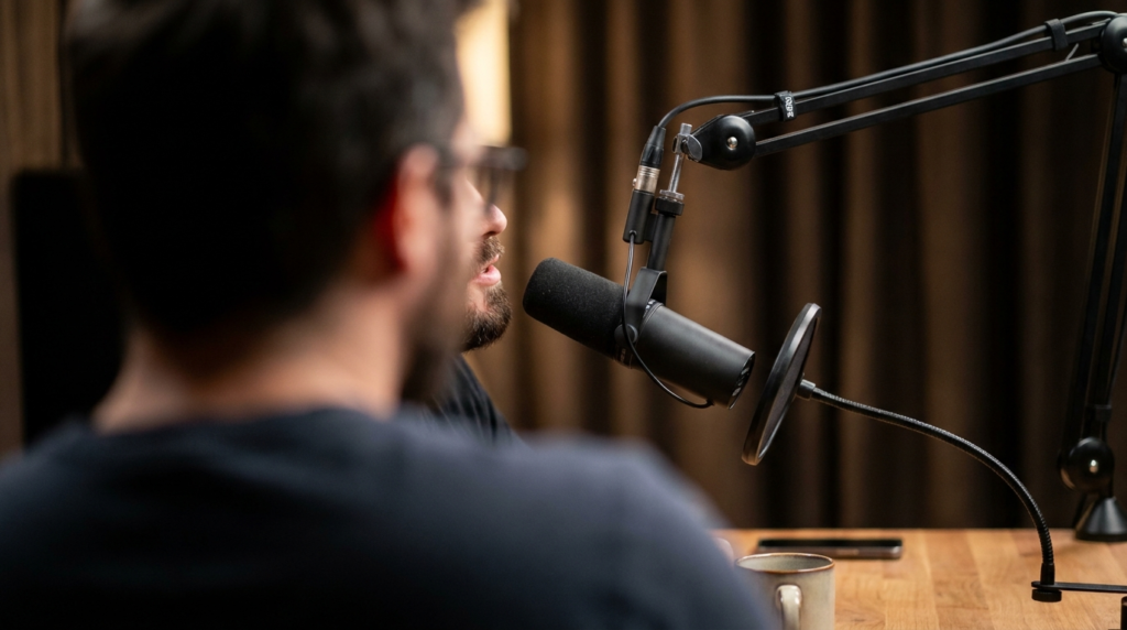 Man speaking into a podcast microphone in a home news set.