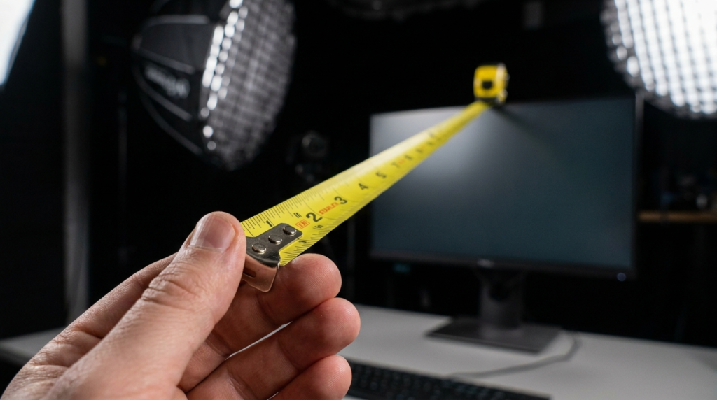 Measuring a 10-foot room's broadcast lighting setup with a tape measure.
